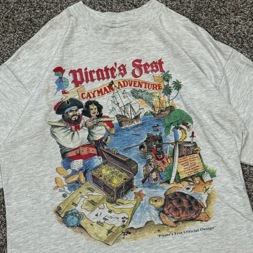 Vintage 90s Pirates Fest Cayman Adventure T-Shirt Single Stitch Mens XL Jamaica - Picture 2 of 6